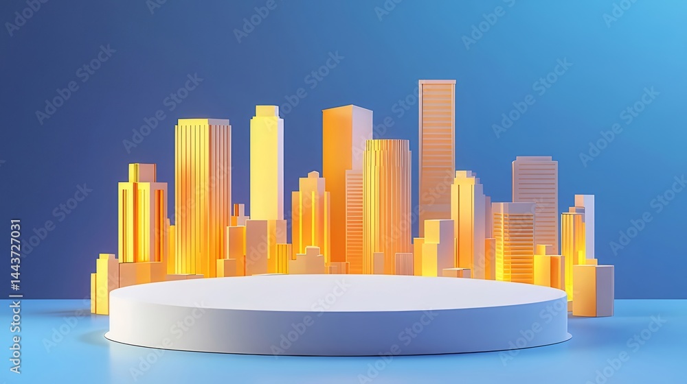 Aufkleber 金色に輝く都市景観と白い円形プラットフォームの抽象的な3dレンダリング