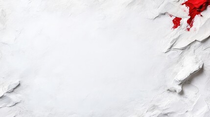 A cracked white surface with red paint splashes, artistic texture on abstract background, and close-up detail of creative composition.