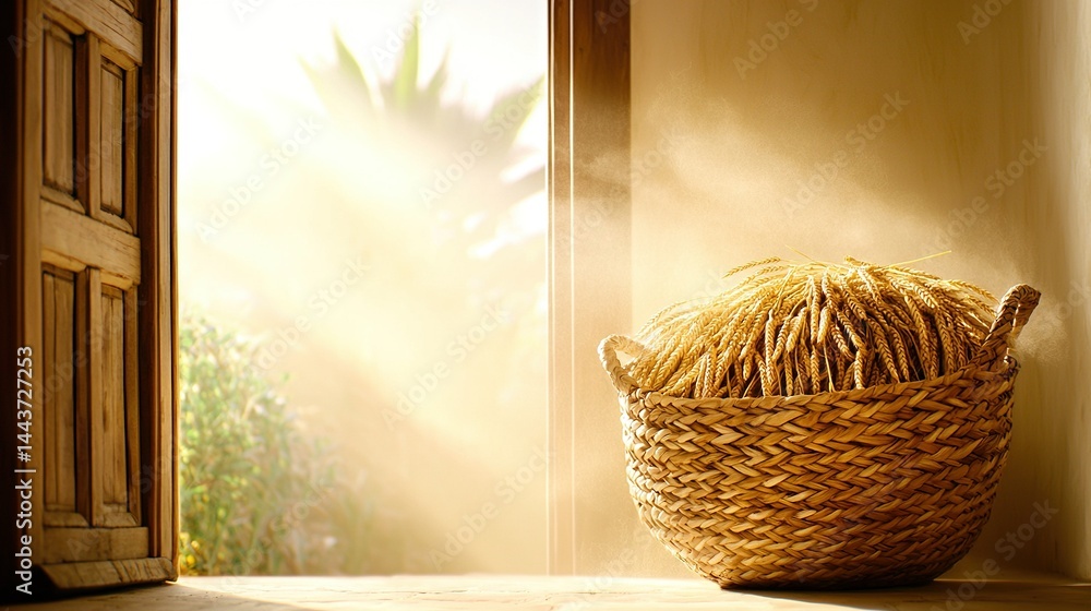Poster a wicker basket rests on a window sill near a doorway with sunlight streaming through the window