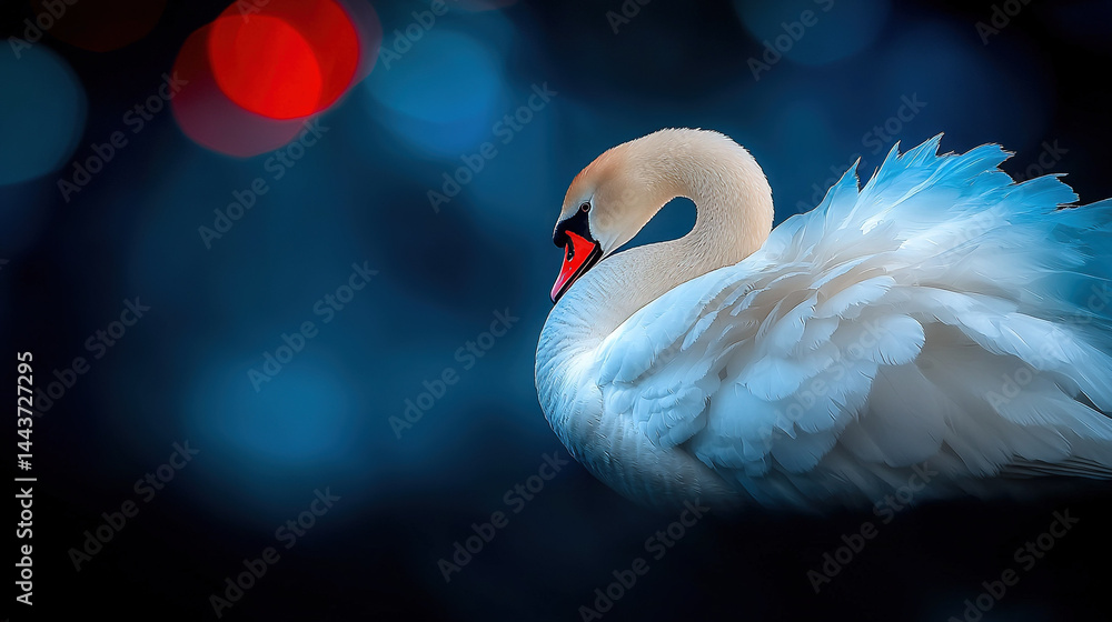 Poster a sharp photo of a swan's white feathers and red beak, set against a fuzzy background of light sourc