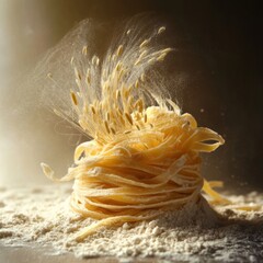 Soft light, uncooked pasta, flour, nest idea.