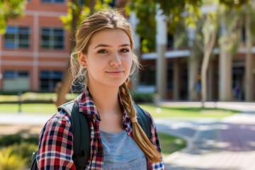 Fototapeta premium Portrait of a young Caucasian female student on college campus