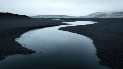 Serene Icelandic river winding through a volcanic landscape