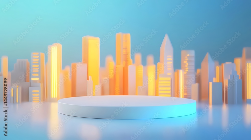 Aufkleber 3dレンダリングされた未来的な都市景観の背景にある白い円形プラットフォームと光