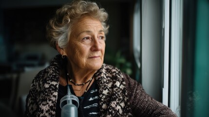 Elderly Woman Gazing Out of the Window with Thoughtful Expression, Wearing a Necklace and Leopard Patterned Shawl