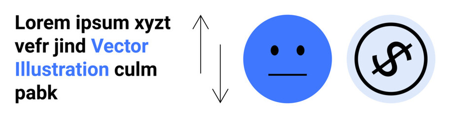 Fototapeta premium Neutral blue face next to dollar sign inside circle with vertical double arrows. Ideal for value exchange, emotion, cost analysis, decision-making, trade, finance, simple landing page
