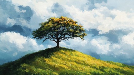 Grassy hill tree, cloudy day, wallpaper-ready.