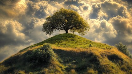 Hillside tree under clouds, perfect for wallpapers.
