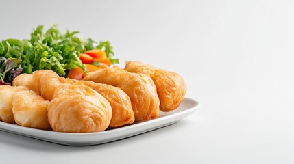 Golden fried pastries served on a white plate with fresh mixed greens, vibrant vegetables, and a minimalist background, and close-up composition.