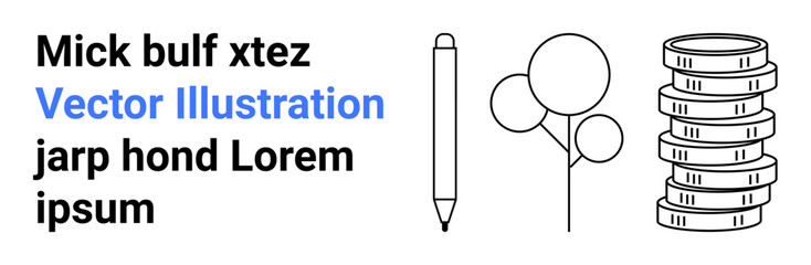 Pen, abstract circular trees, and stacked coins in clean, minimal style. Ideal for finance concepts, creativity, writing, environment, abstract ideas education themes and a simple landing page