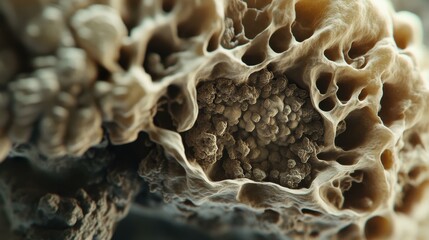 Microscopic View of Porous Cellular Structure with Dense Granular Interior for Medical Research and Scientific Visualization