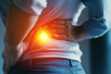 Person clutching lower back in pain, illuminated by a bright yellow-orange glow signifying localized discomfort