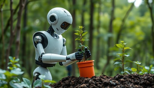 Robot gardner attentively planting new seedlings in the forest for ecological reforestation and sustainable agriculture
