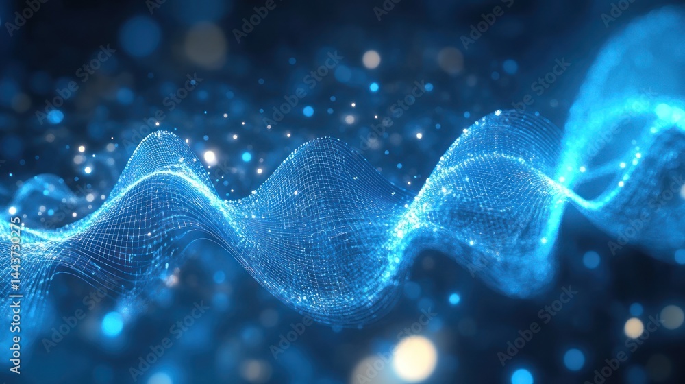 Poster abstract blue wave of data flowing with sparkly light particles in a modern design, suitable for tec