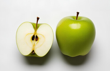 fresh green apple on white background, whole, half, granny smith apple