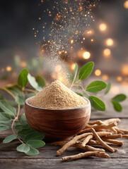 fresh ashwagandha roots in wooden bowl herb adaptogen medicinal