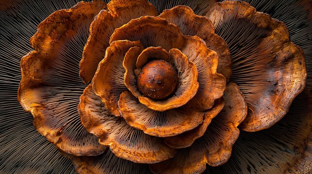 Close up shot of symmetrical mushroom cluster radial growth pattern captured using macro lens shallow depth of field isolates mushrooms background bringing their geometric arrangement into sharp focus