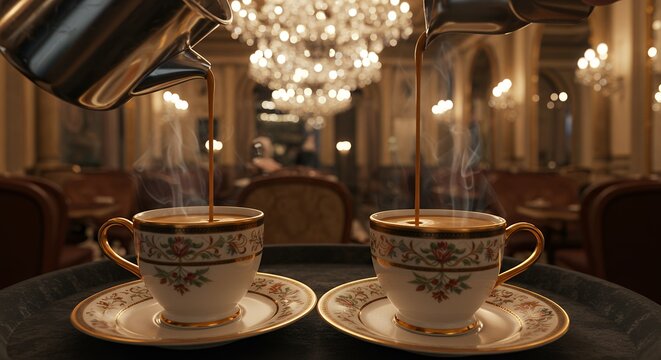 Pouring Hot Coffee into Elegant Cups in an Upscale Restaurant