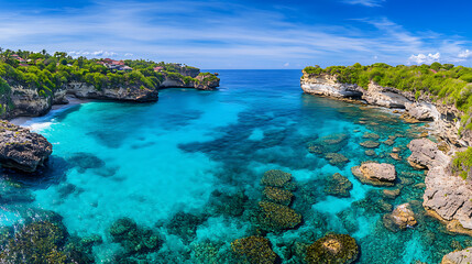 Naklejka premium Panorama of a coast as a background from top view. Turquoise water background from top view. Summer seascape from air. Nusa Penida island, Indonesia. Travel - image