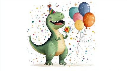 Fototapeta premium A dinosaur wearing a party hat holds a bouquet of flowers and balloons with confetti, adorned with another party hat on its head