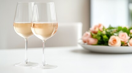 Two glasses of light pink wine on a white table, with a bouquet of roses in the background