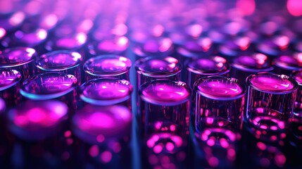 Array of small, shiny, purple cylinders with round tops