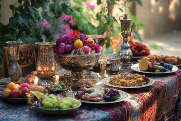 Fototapeta premium Ramadan tables. AI generated illustration.