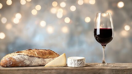   A wooden table holds a glass of wine, loaf of bread, and a piece of cheese