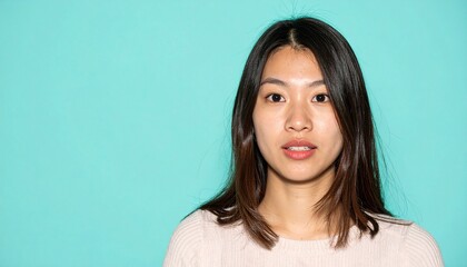 Fototapeta premium ミントグリーン背景で、驚きと期待の感情が表現された目を大きく開けた20代日本人女性の表情