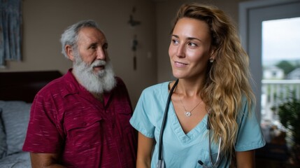 Compassionate Nurse Checking Elderly Patient in a Home Environment with Natural Lighting