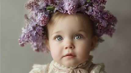 Fototapeta premium Adorable fair-skinned infant with big blue eyes wearing a purple lilac blossom crown poses for a portrait