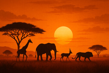 Fototapeta na wymiar African Safari Sunset with Silhouettes of Elephant, Giraffe, Lion, Gazelle, and Acacia Trees in the Savannah for publication, poster, calendar, post, screensaver, wallpaper, postcard, cover, website