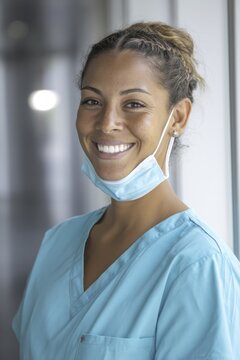 Happy Hispanic healthcare professional smiling wearing blue scrubs with medical mask pulled down