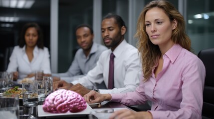 Business Meeting with Female Scientist and Brain Model in a Modern Conference Room