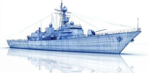 Fototapeta premium A precise and elaborate illustration depicts a battleship floating on peaceful waters as twilight falls