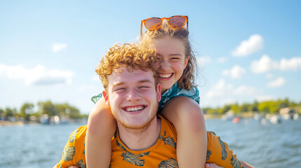 Couple in love, enjoying the summer time by the sea.Joyful girl piggybacking on young boyfriend having fun.