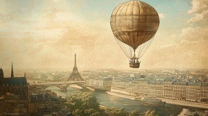 Vintage Parisian hot air balloon cityscape