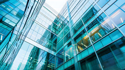 Obraz premium Worm eye view of two modern glass buildings connected by a skybridge on a bright day in the city