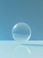 Clear Glass Sphere Floating Above Reflective Blue Surface Minimal Abstract Still Life