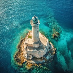 Drone: Wide view of Crete's iconic port lighthouse.