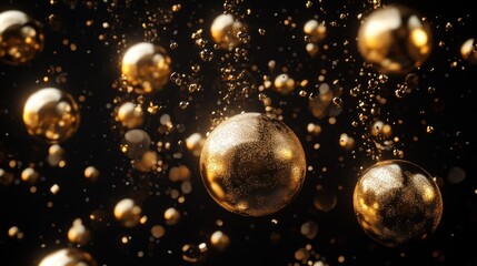 Golden spheres in motion against a black background
