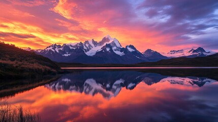 Fototapeta premium Majestic mountain lake sunset stunning colorful landscape reflection patagonia sky red view snow blue