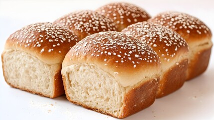 Naklejka premium A delicious closeup shot of six golden brown oat topped bread rolls freshly baked and ready to eat.