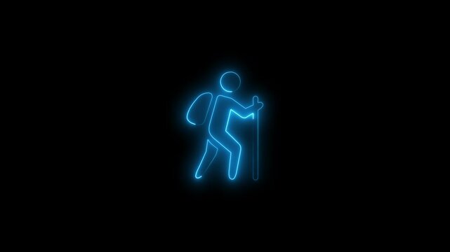 Glowing red animated neon icon of a man with a backpack and walking stick on black background.
