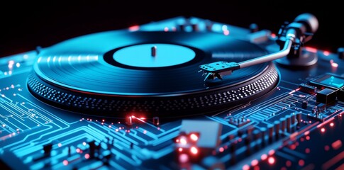 Obraz premium The modern turntable, complete with digital enhancements and vibrant lighting, is situated in a contemporary setting