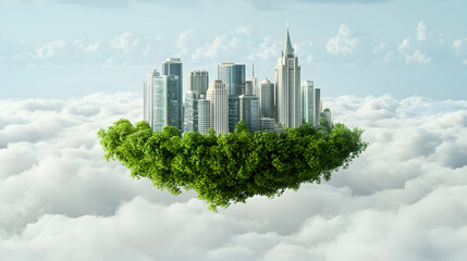 Fototapeta premium Floating city island, green ecosystem, above clouds, sustainable urban future, environmental concept