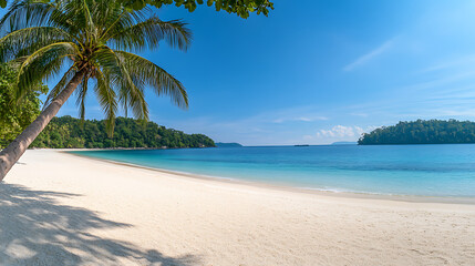 Obraz premium Beautiful tropical beach banner. White sand and coco palms travel tourism wide panorama background concept. Amazing beach landscape