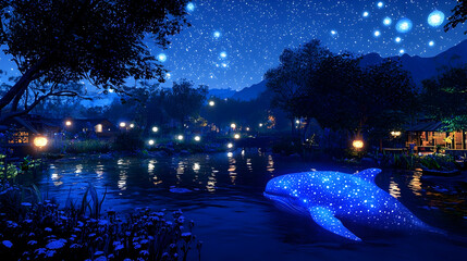 Magical starry night; glowing whale swims in tranquil village pond; peaceful scene; ideal for fantasy, dreamscape, or relaxation themes