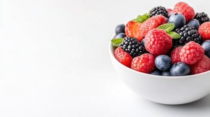 A white bowl filled with fresh mixed berries including raspberries, blackberries, and blueberries, garnished with mint leaves, close-up shot on a clean white background, and healthy eating concept.