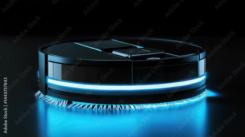 Poster Close-up of a robotic vacuum cleaner on a black surface, ideal for use in product reviews or technology tutorials